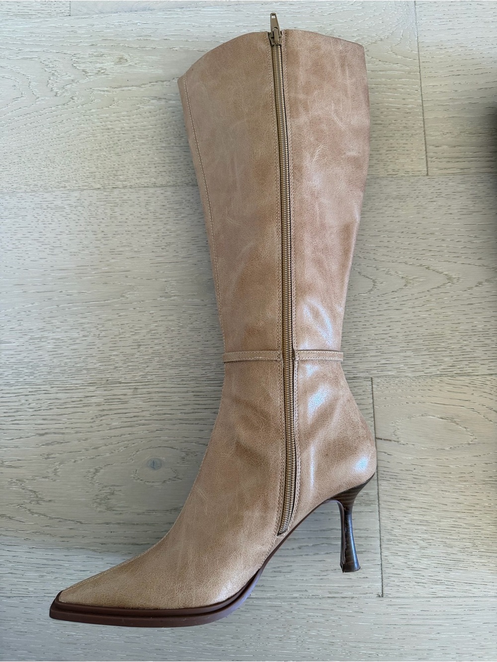 Zara Camel Tan Knee-High Pointed-Toe Heeled Boots - Picture 9 of 14
